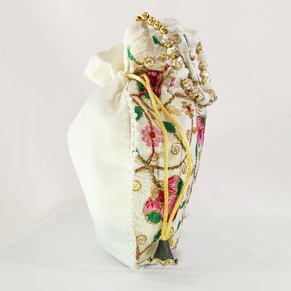 Bridal Silk Brocade Potli Bag with Pearl Border and Beaded Handle