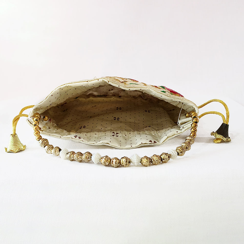 Bridal Silk Brocade Potli Bag with Pearl Border and Beaded Handle