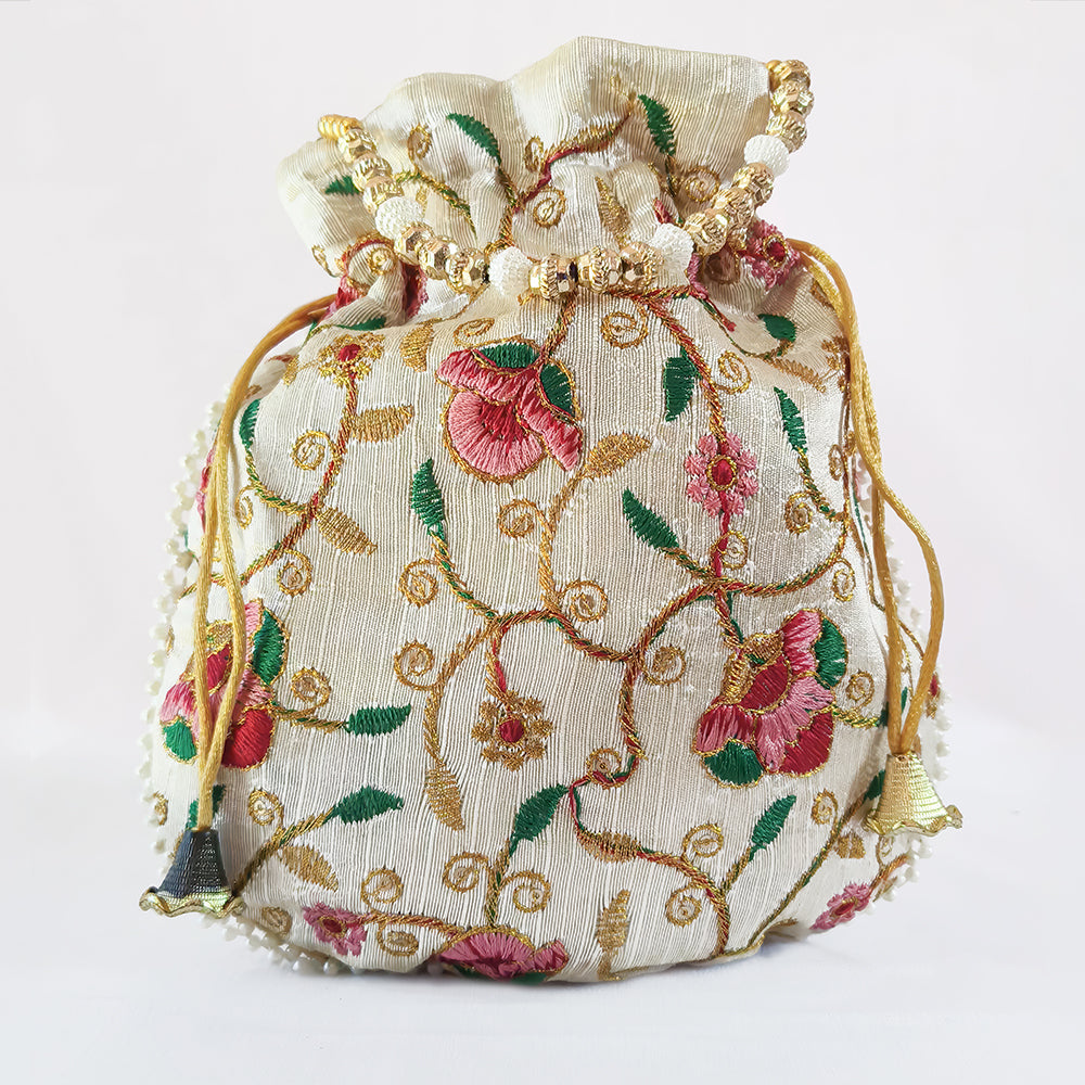 Bridal Silk Brocade Potli Bag with Pearl Border and Beaded Handle