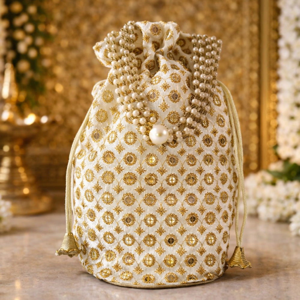 Cream & Gold Embroidered Potli Bag with Elegant Bead Work Detail