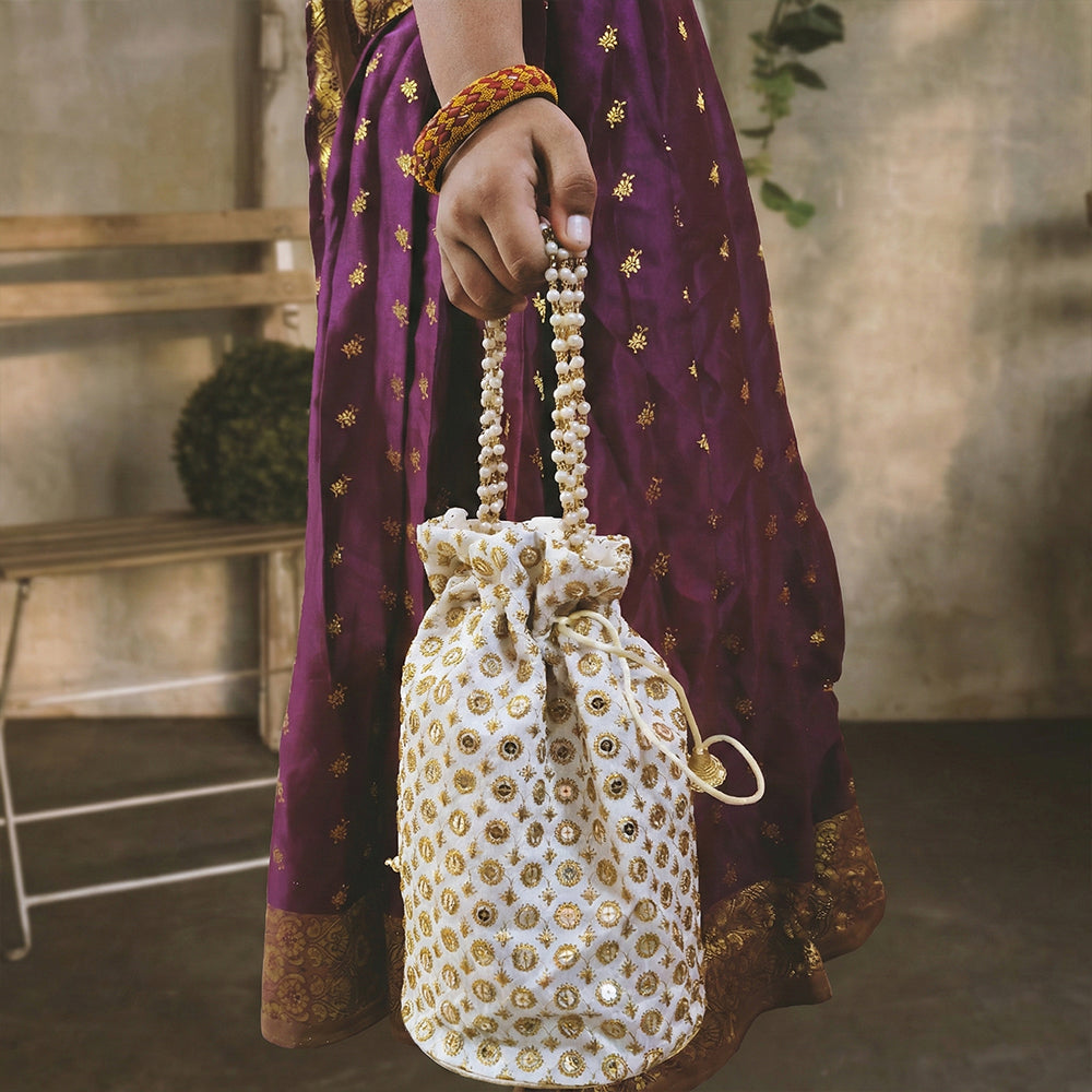 Cream & Gold Embroidered Potli Bag with Elegant Bead Work Detail