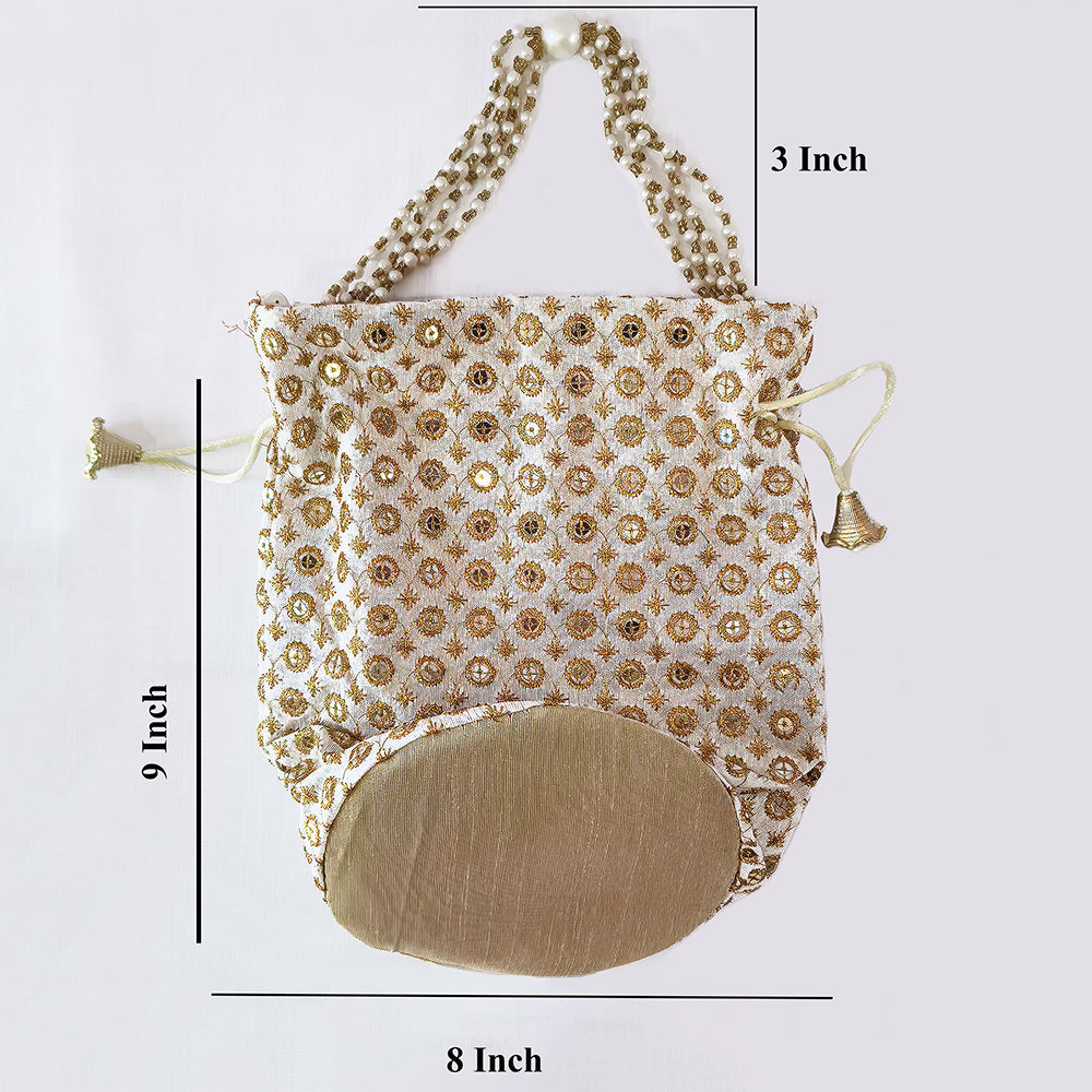 Cream & Gold Embroidered Potli Bag with Elegant Bead Work Detail