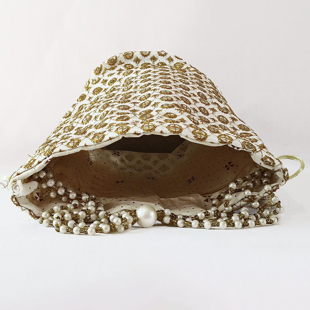 Cream & Gold Embroidered Potli Bag with Elegant Bead Work Detail