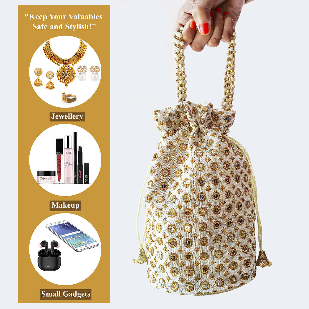 Cream & Gold Embroidered Potli Bag with Elegant Bead Work Detail