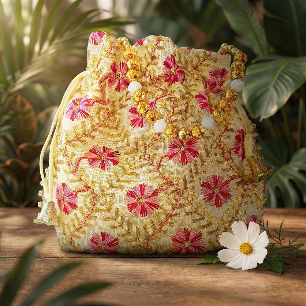 A handcrafted embroidered silk brocade potli bag featuring pearl borders and beaded handles for wedding occasions.