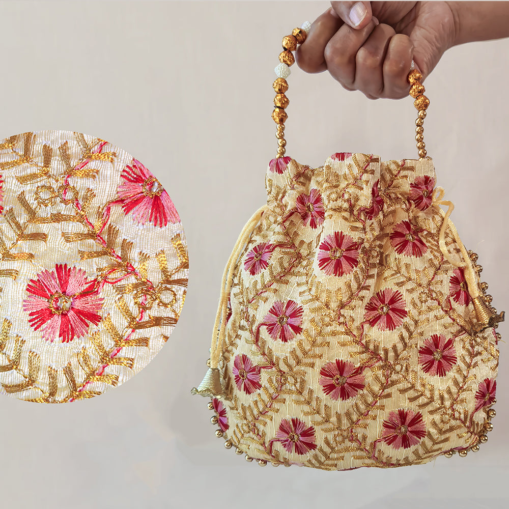 Handcrafted Embroidered Potli Bag with Pearl Beads for Weddings