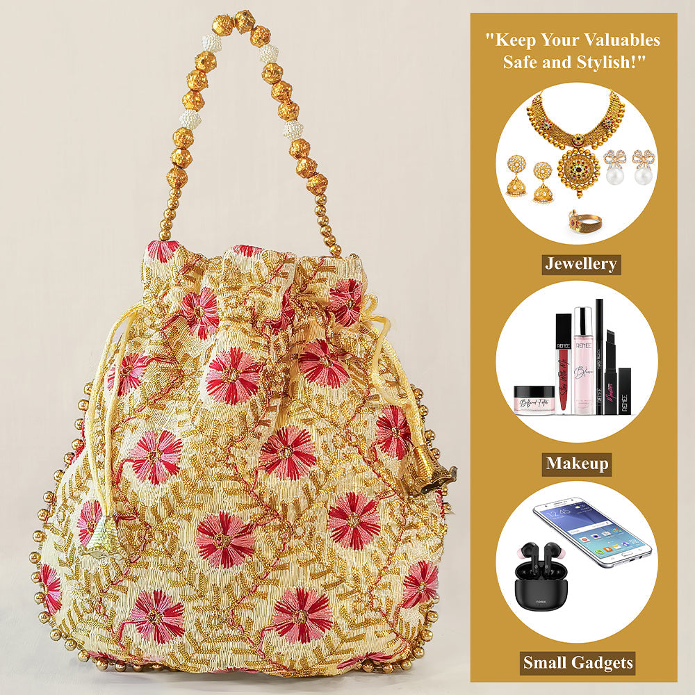 Handcrafted Embroidered Potli Bag with Pearl Beads for Weddings