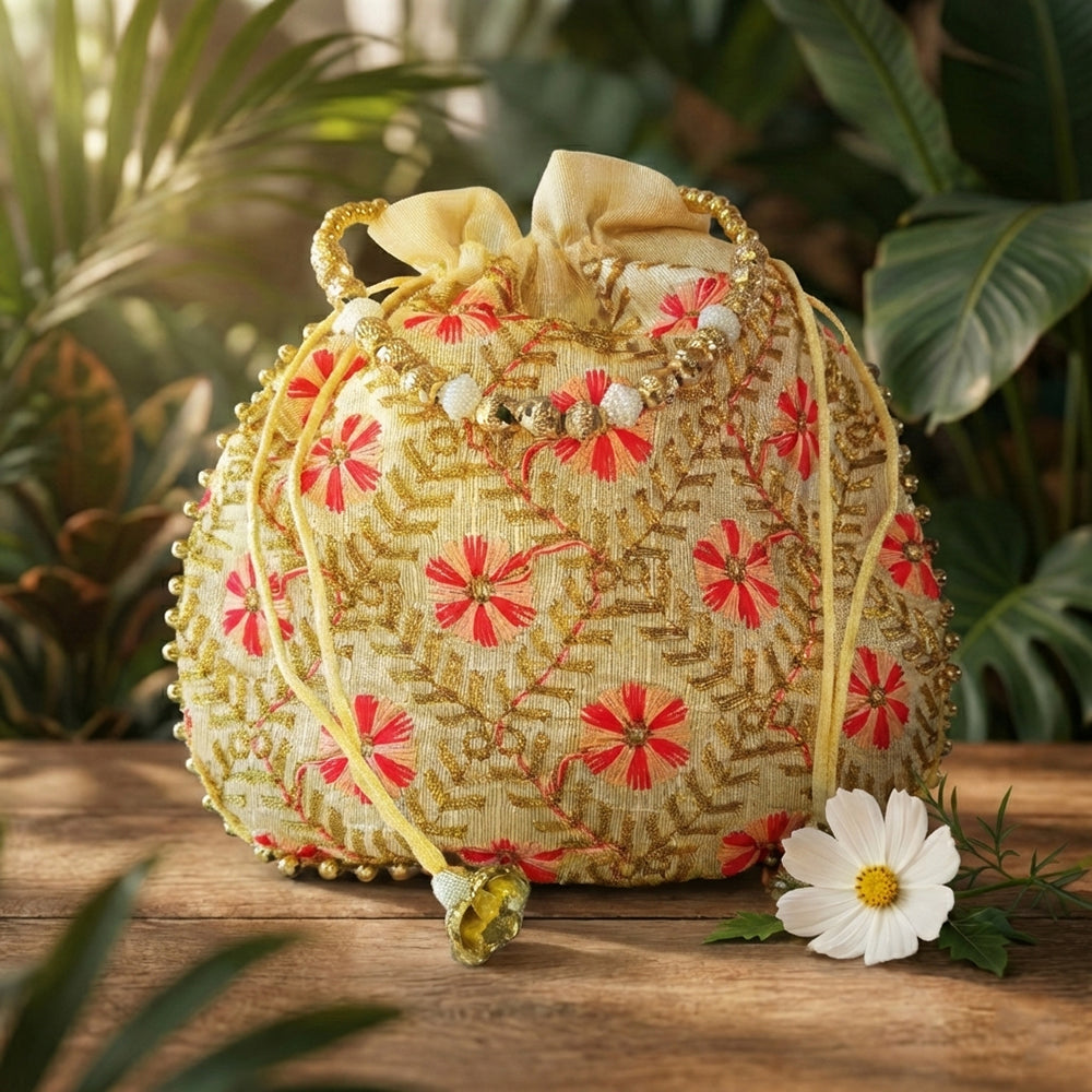 A handcrafted embroidered silk brocade potli bag featuring pearl borders and beaded handles for wedding occasions.