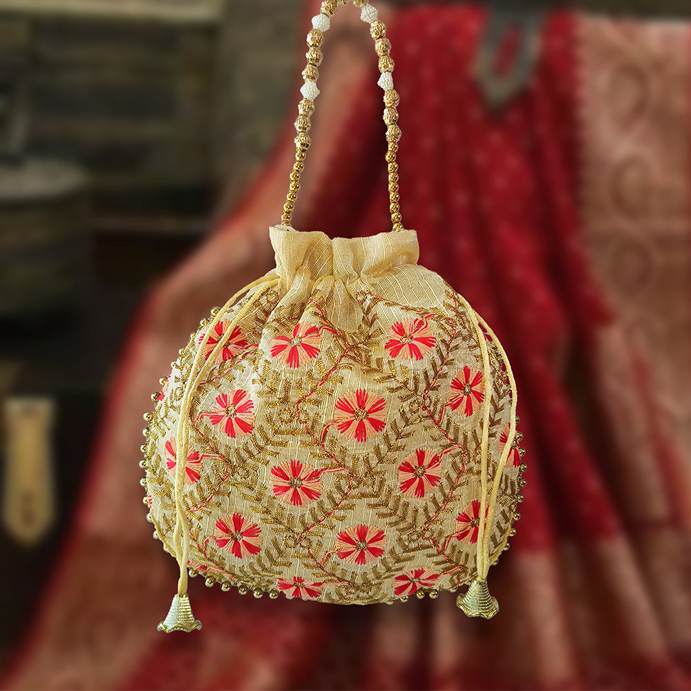 Handcrafted Embroidered Potli Bag with Pearl Beads for Weddings