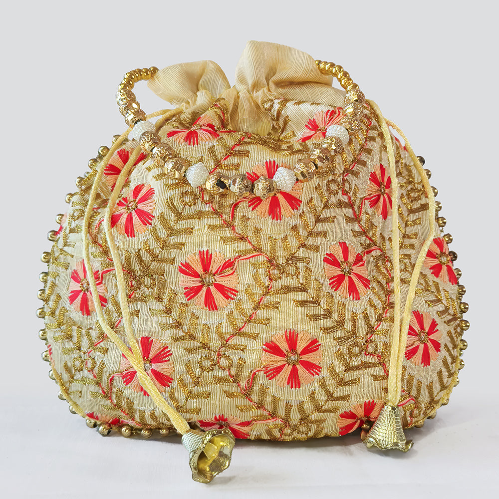 Handcrafted Embroidered Potli Bag with Pearl Beads for Weddings