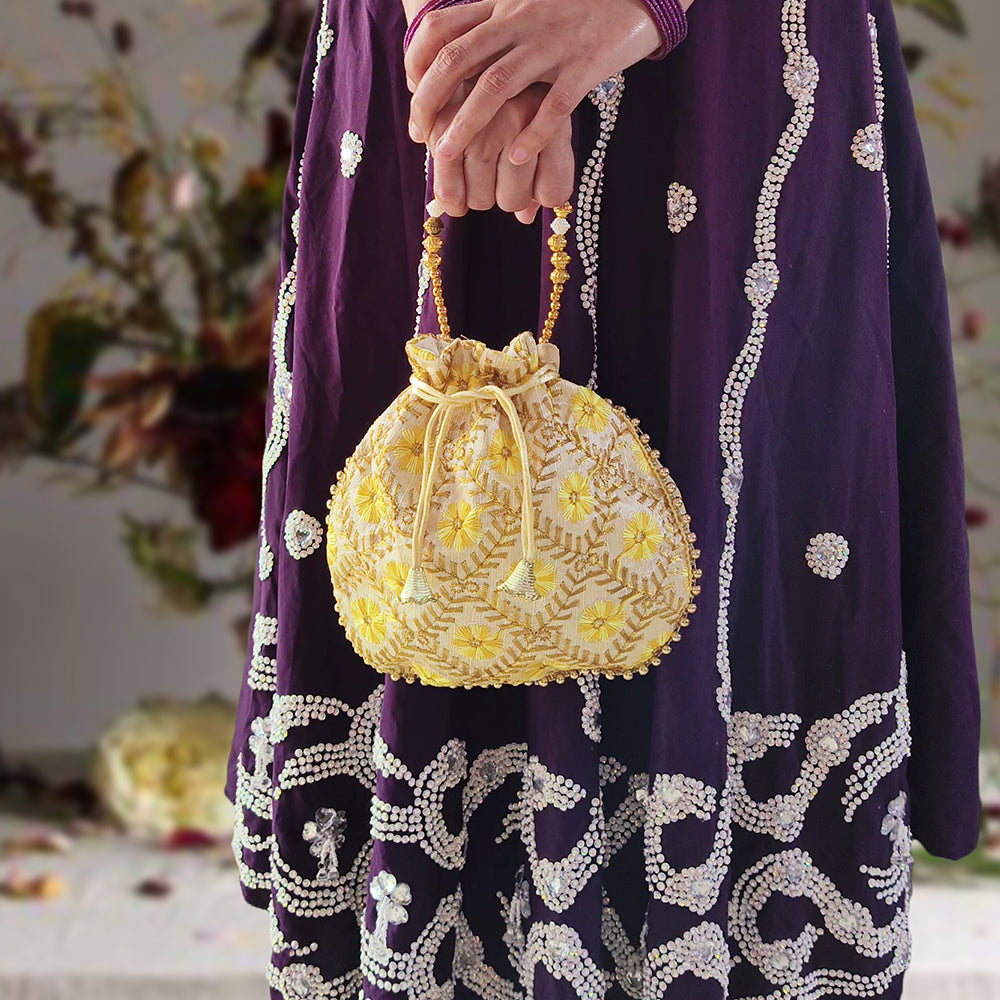 Handcrafted Embroidered Potli Bag with Pearl Beads for Weddings