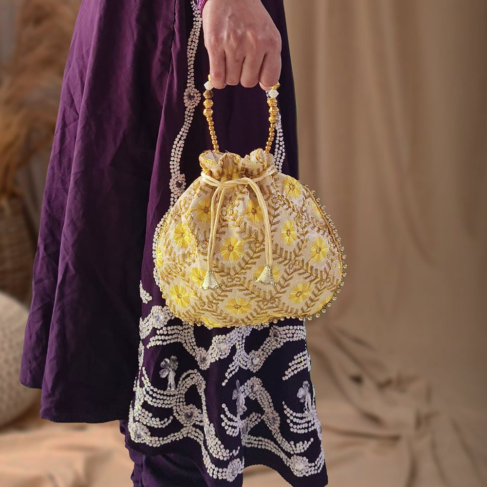 Handcrafted Embroidered Potli Bag with Pearl Beads for Weddings