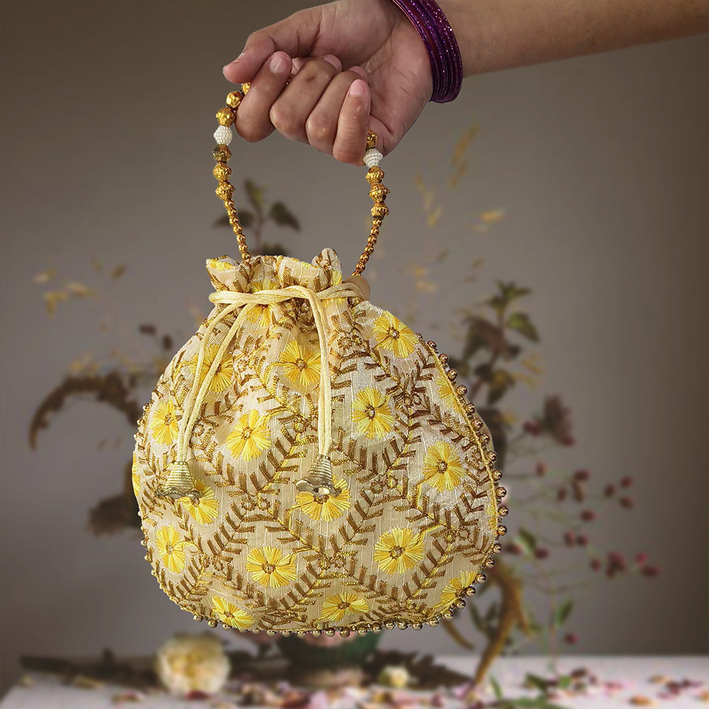 Handcrafted Embroidered Potli Bag with Pearl Beads for Weddings