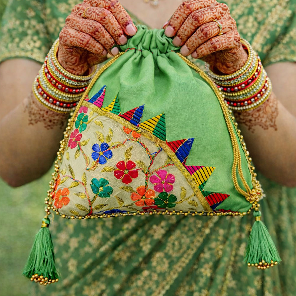 Embroidered Handcrafted Wedding Potli Bag with Pearl Beading