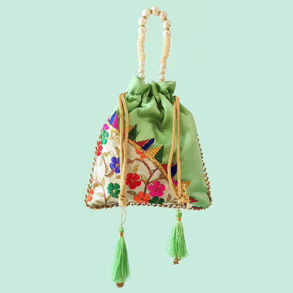 Embroidered Handcrafted Wedding Potli Bag with Pearl Beading