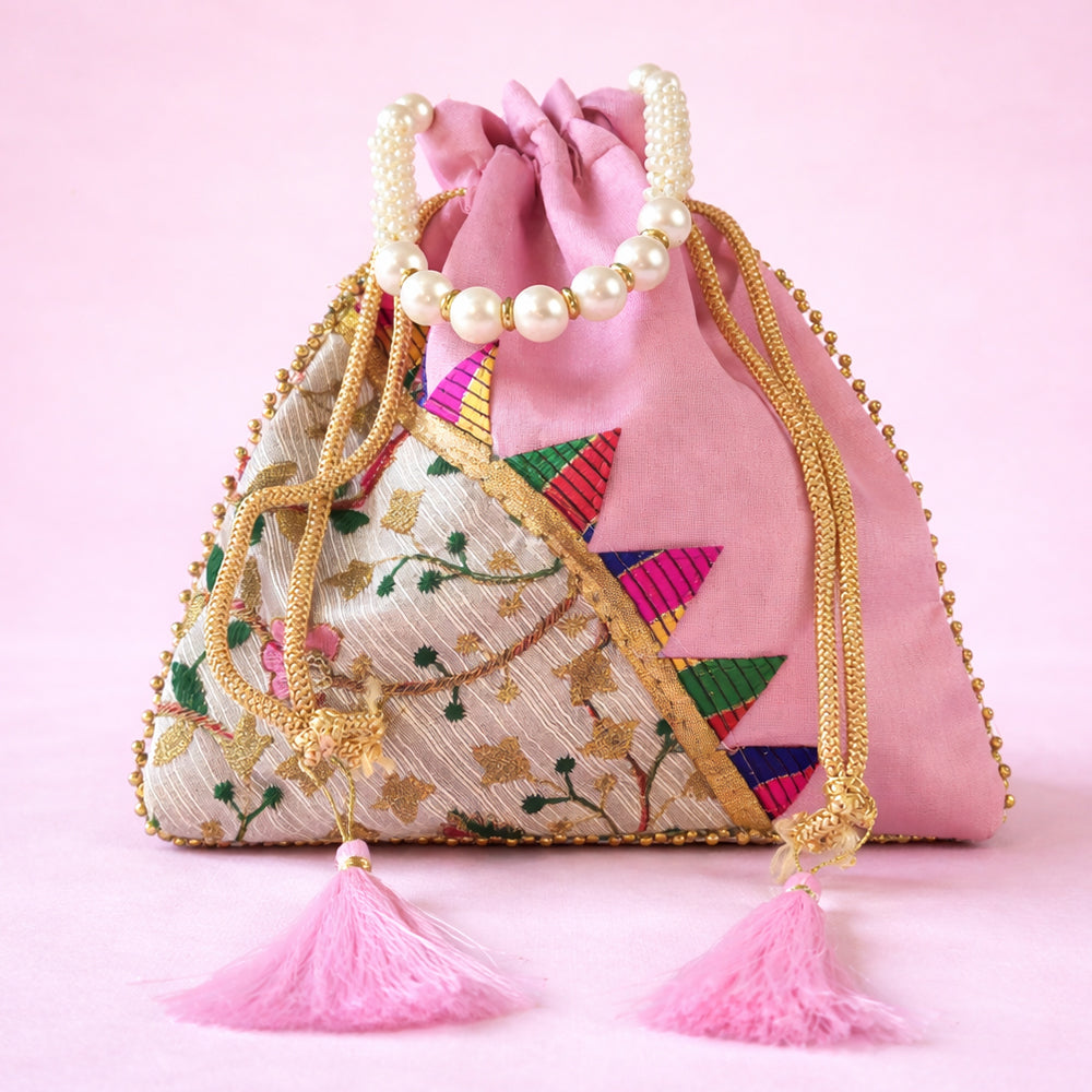 Elegant silk brocade potli bag with pearl border and intricate embroidery details