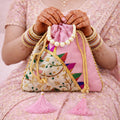 Embroidered Silk Brocade Potli Bag with Pearl Handle