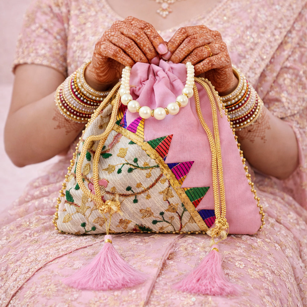 Embroidered Silk Brocade Potli Bag with Pearl Handle