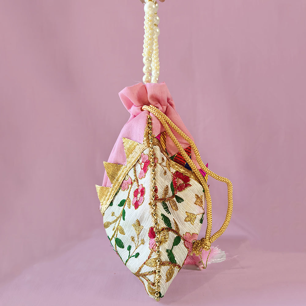 Embroidered Silk Brocade Potli Bag with Pearl Handle