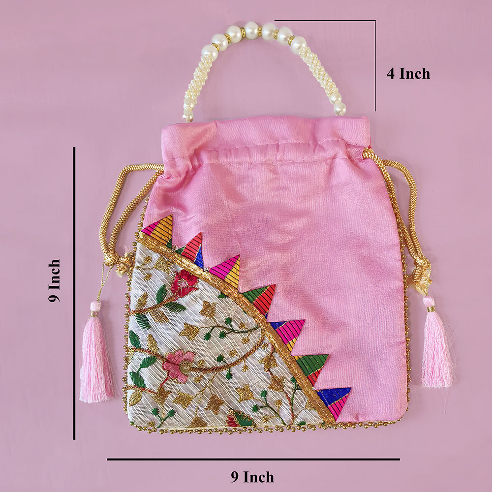 Embroidered Silk Brocade Potli Bag with Pearl Handle