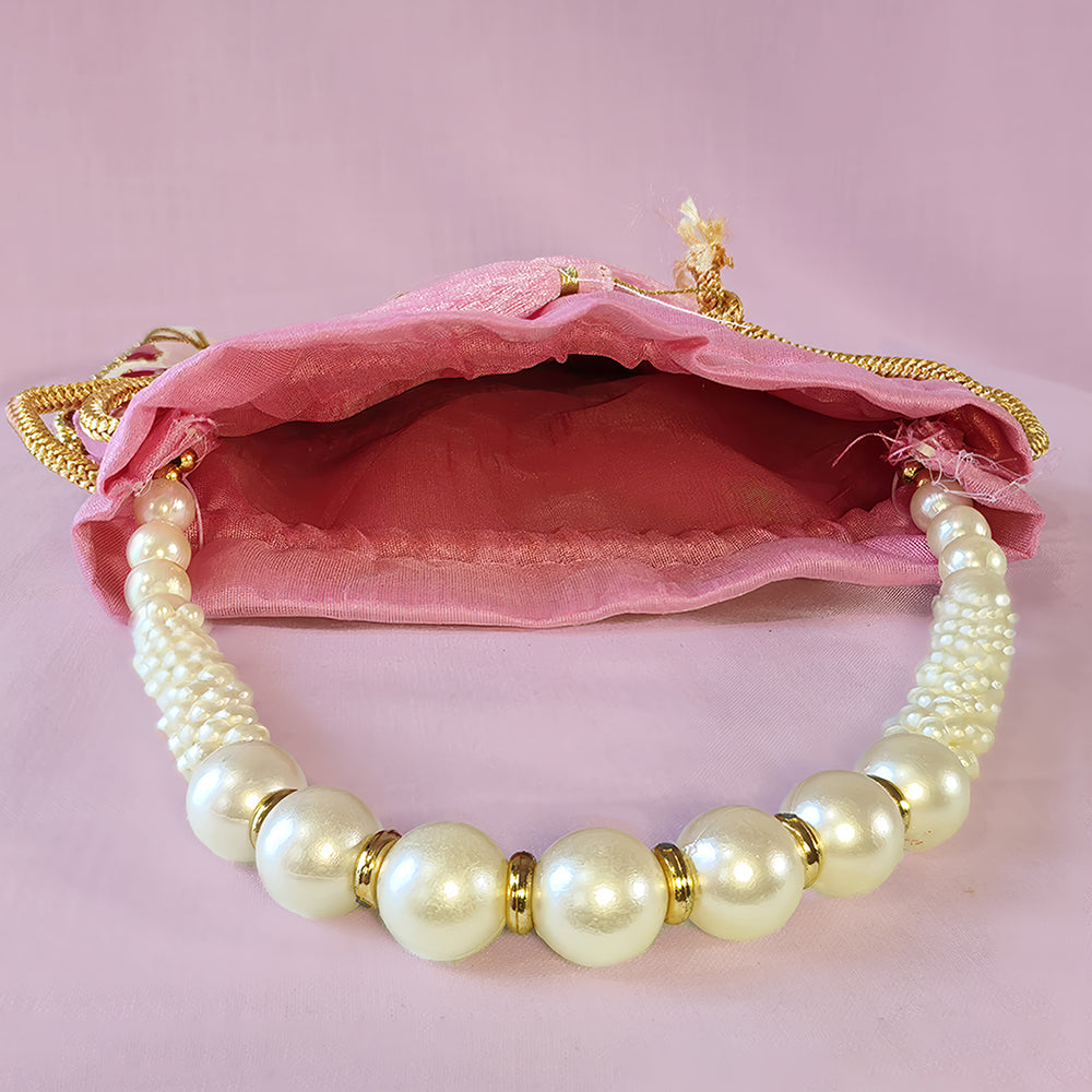 Embroidered Silk Brocade Potli Bag with Pearl Handle