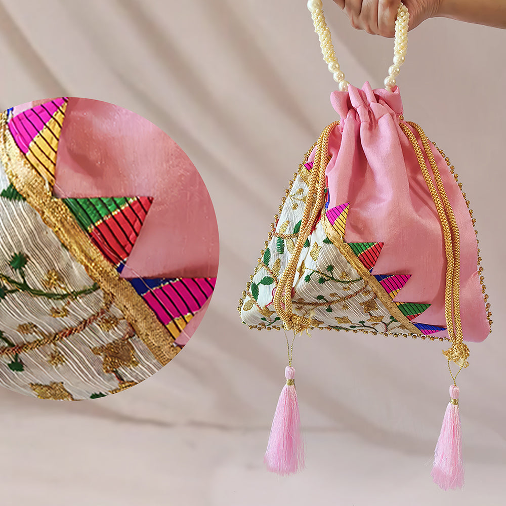 Embroidered Silk Brocade Potli Bag with Pearl Handle