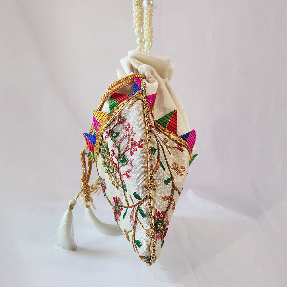 Handcrafted Embroidered Silk Potli Bag with Pearl Bead Detail
