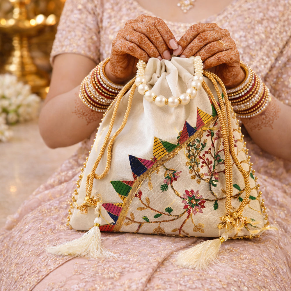 Handcrafted Embroidered Silk Potli Bag with Pearl Bead Detail