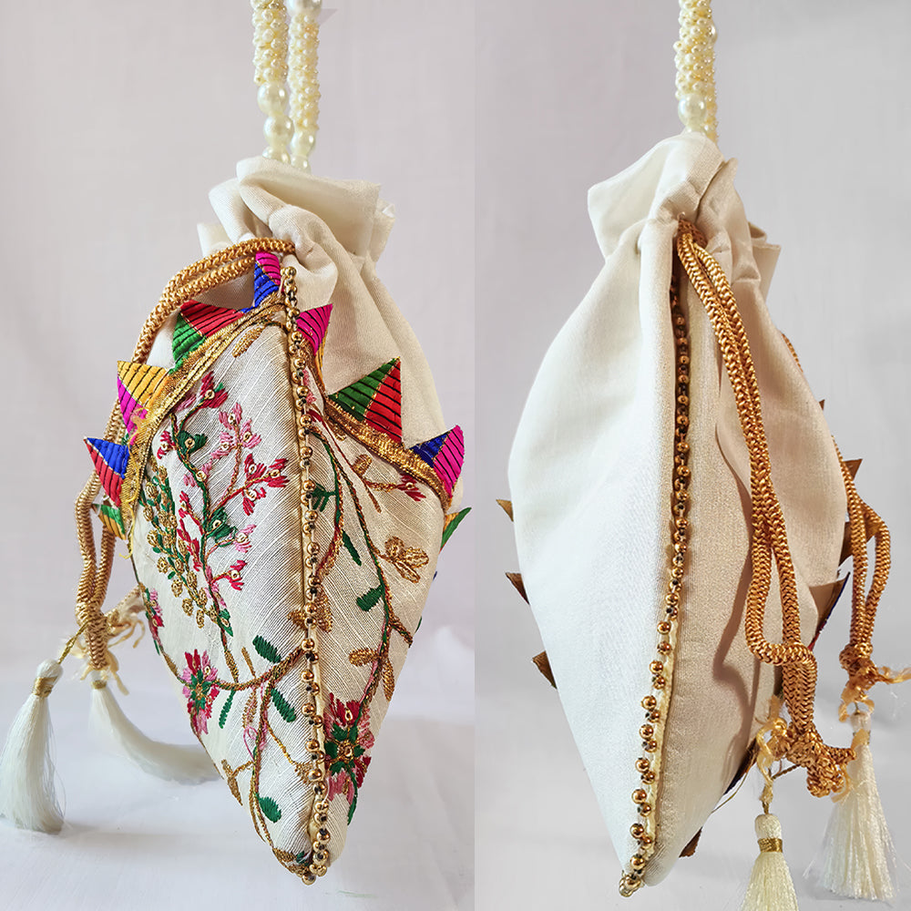 Handcrafted Embroidered Silk Potli Bag with Pearl Bead Detail