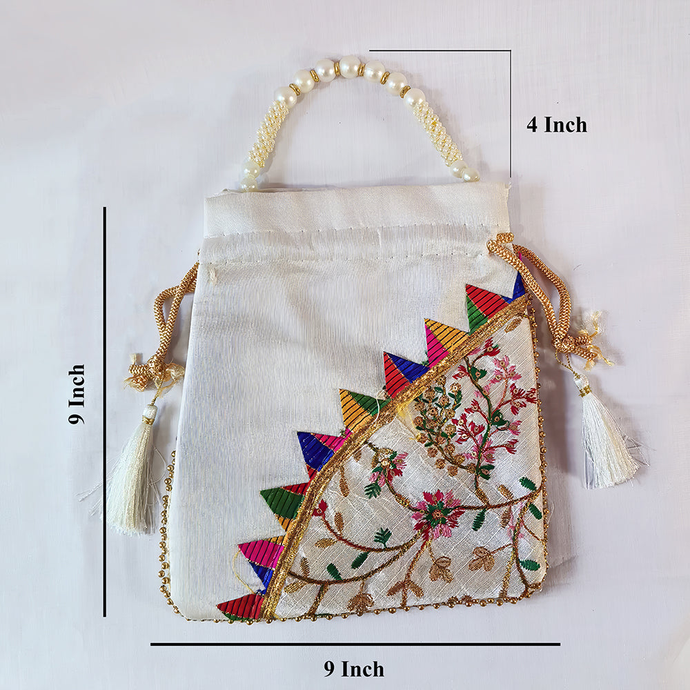 Handcrafted Embroidered Silk Potli Bag with Pearl Bead Detail
