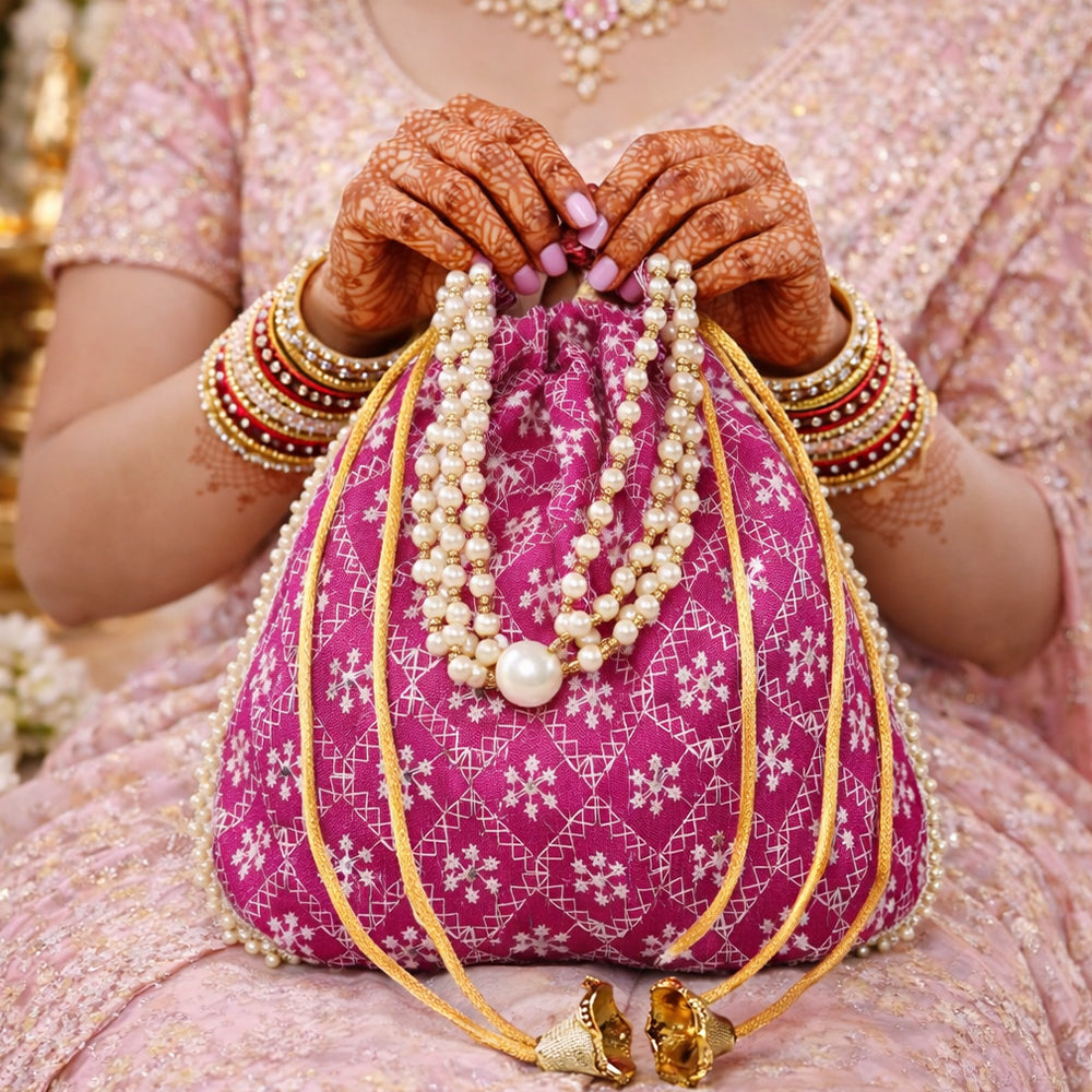 Handcrafted Embroidered Potli Bag with Pearl Beads for Weddings