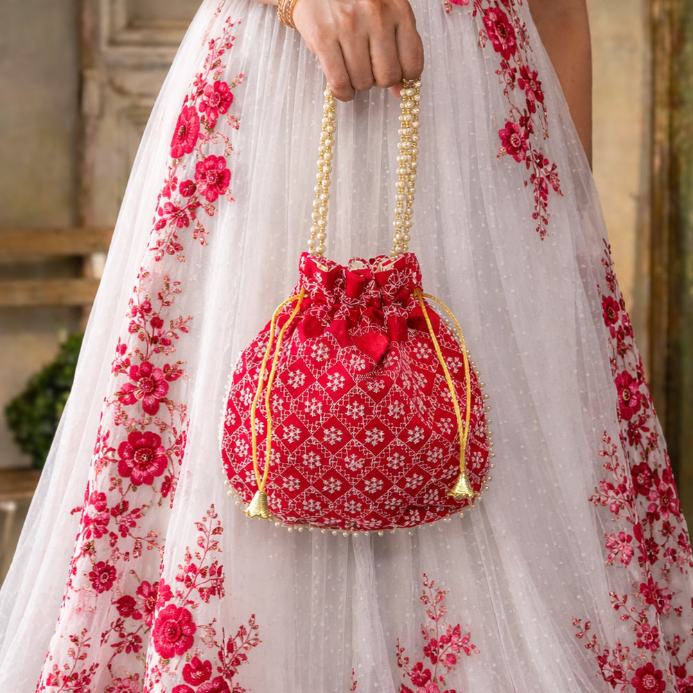 Embroidered Handcrafted Wedding Potli Bag with Beaded Handle