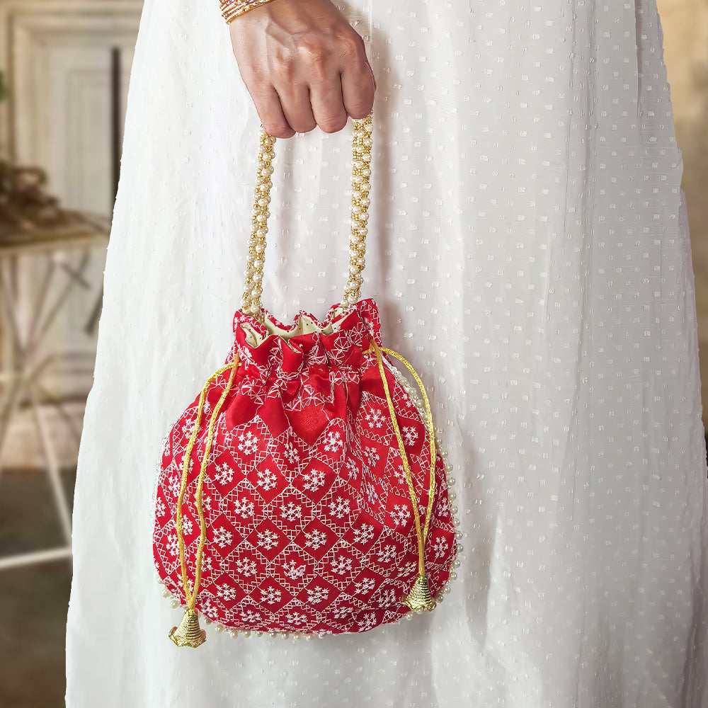 Embroidered Handcrafted Wedding Potli Bag with Beaded Handle