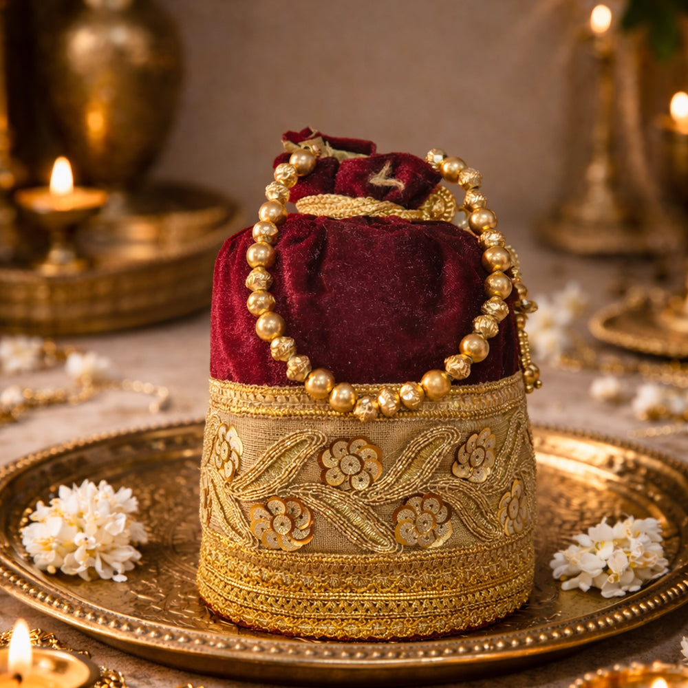 Designer silk potli bag with ornate golden embroidery and pearl handle