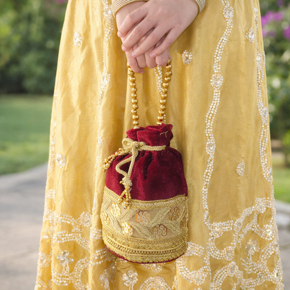 Designer Silk Potli Bag with Golden Embroidery & Pearl Handle