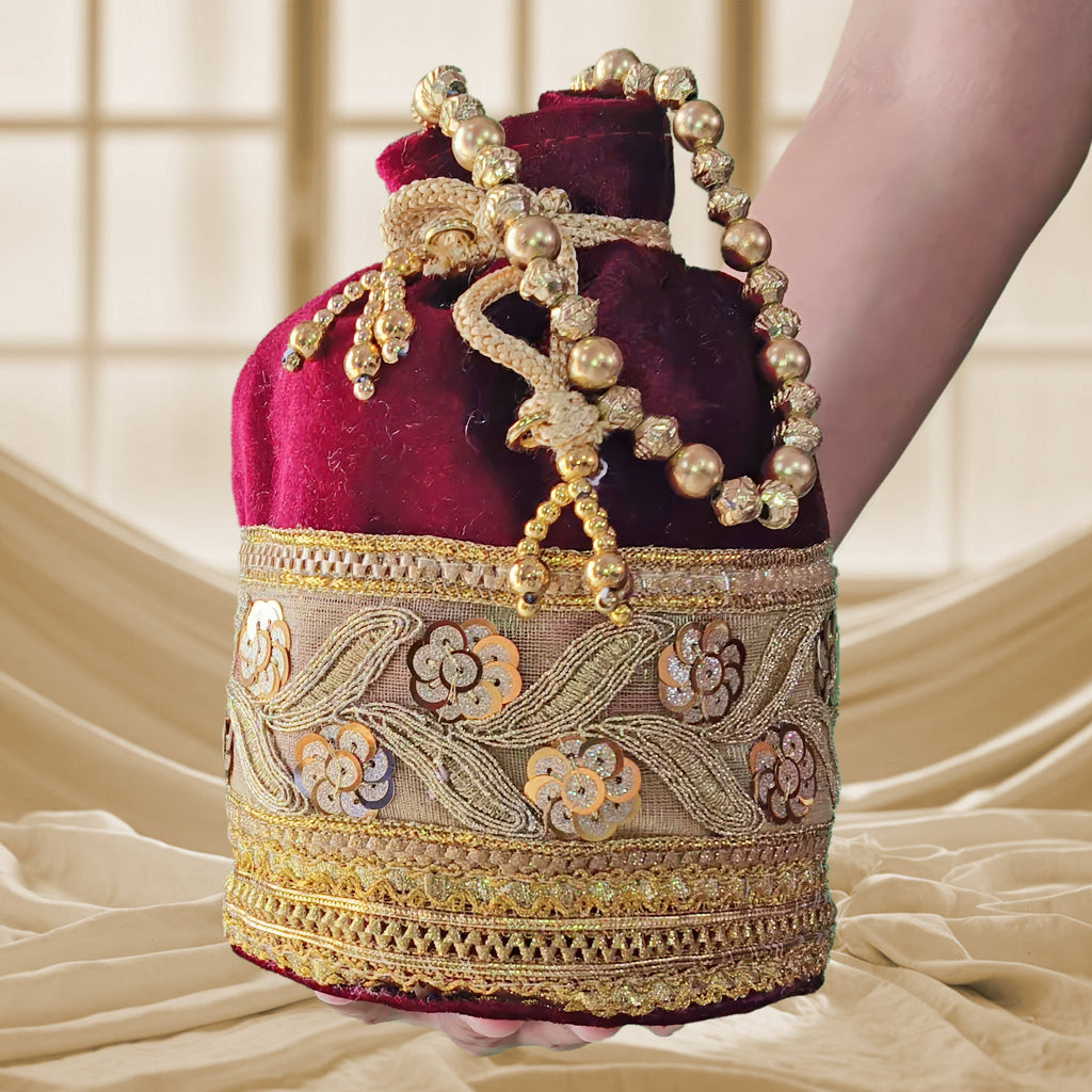 Designer Silk Potli Bag with Golden Embroidery & Pearl Handle