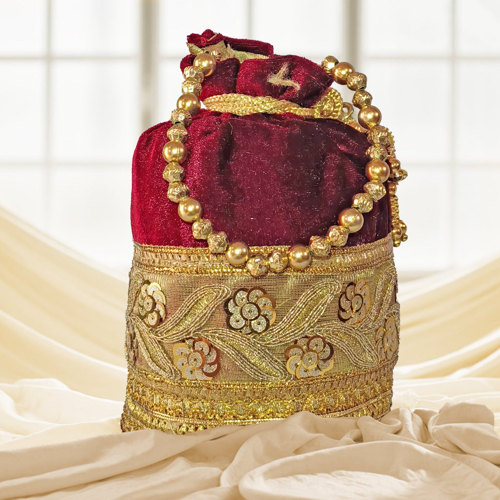 Designer Silk Potli Bag with Golden Embroidery & Pearl Handle