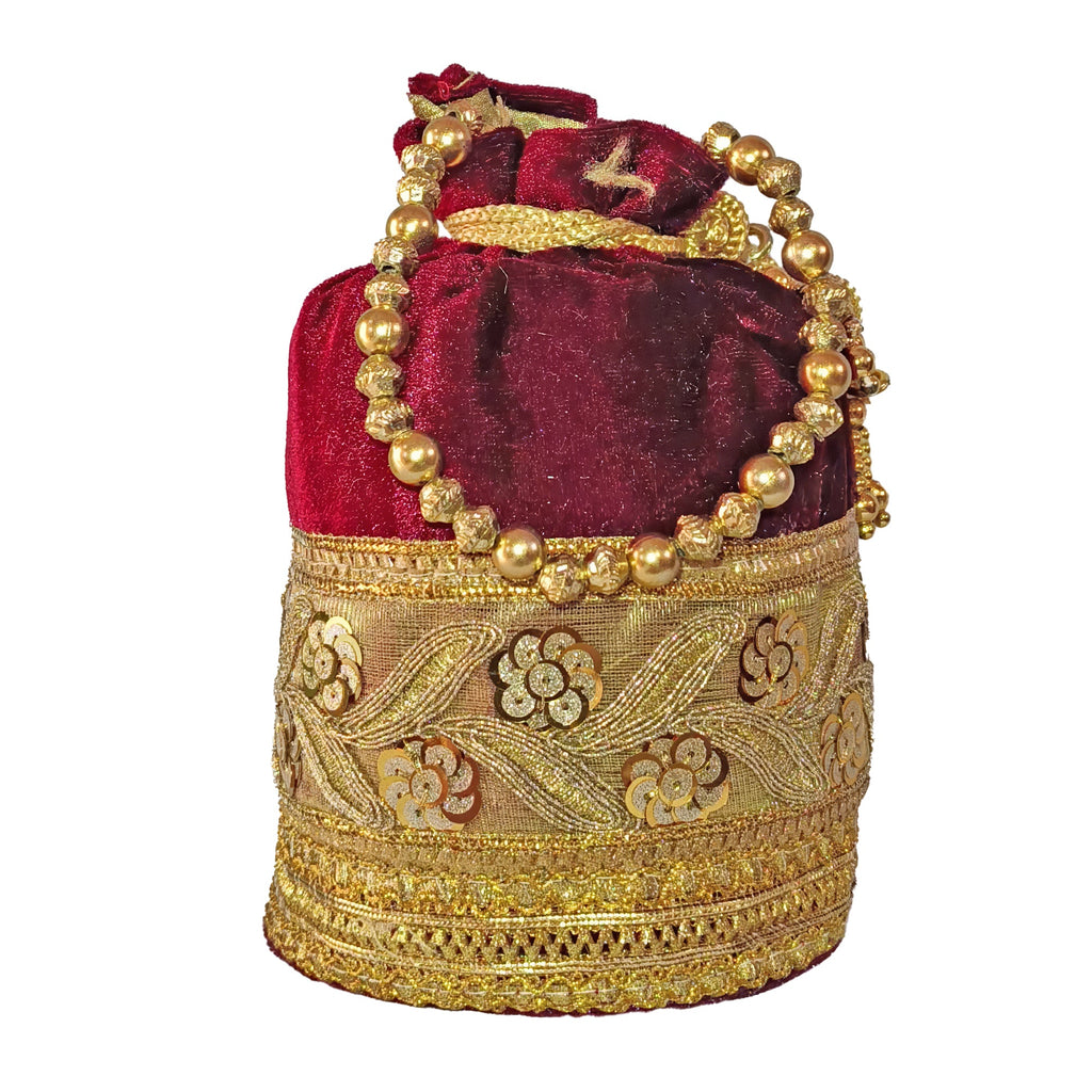 Designer Silk Potli Bag with Golden Embroidery & Pearl Handle