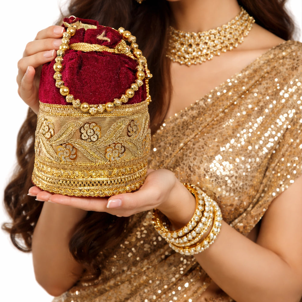 Designer Silk Potli Bag with Golden Embroidery & Pearl Handle