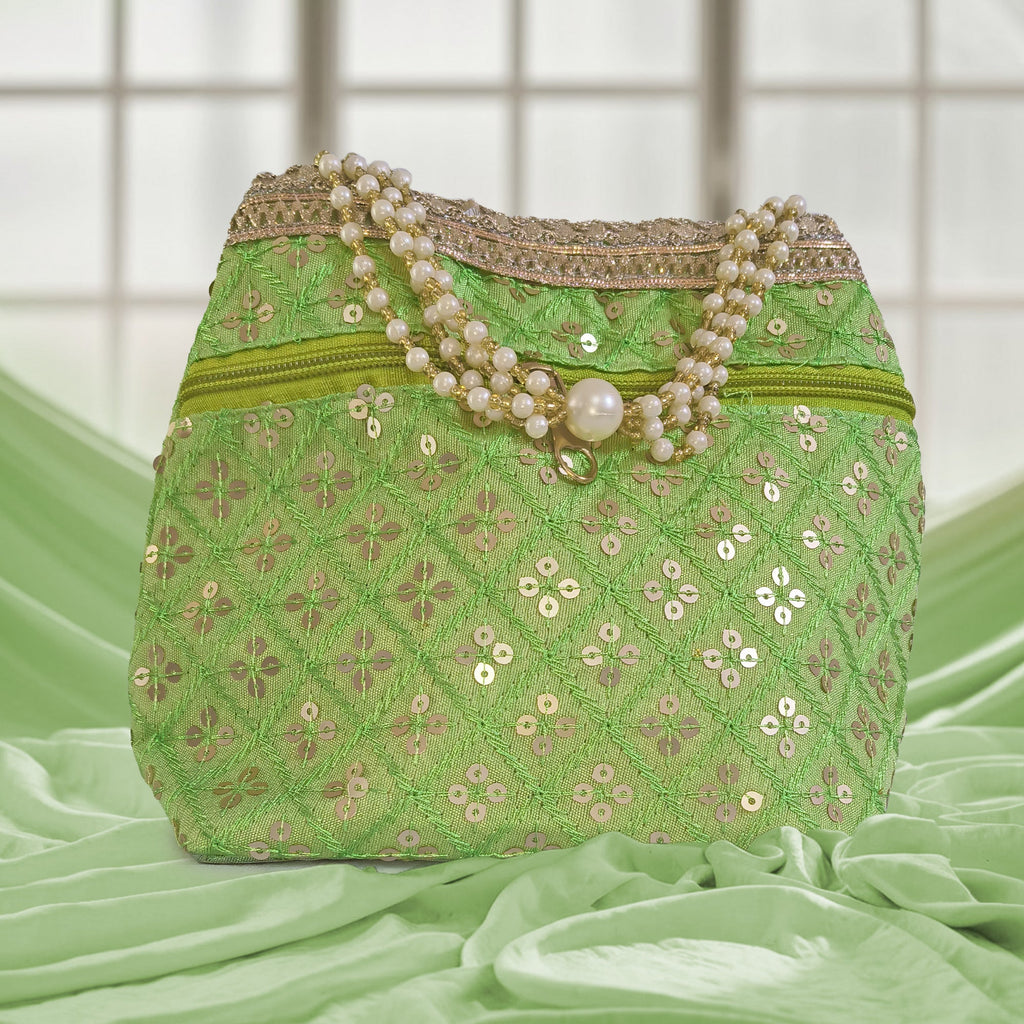 Embroidered Silk Potli Bag with Pearl Border and Drawstring Closure