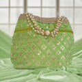 Embroidered Silk Potli Bag with Pearl Border and Drawstring Closure