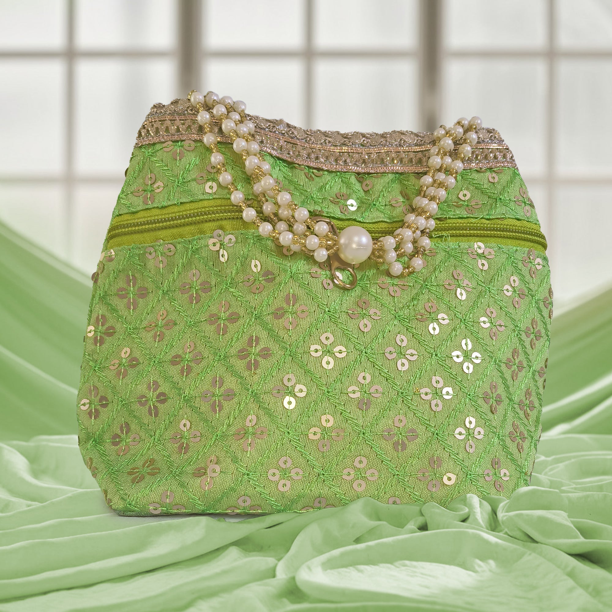 Embroidered Silk Potli Bag with Pearl Border and Drawstring Closure