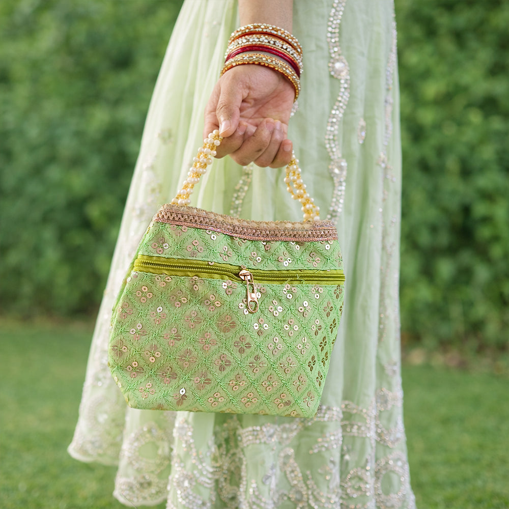Embroidered Silk Potli Bag with Pearl Border and Drawstring Closure