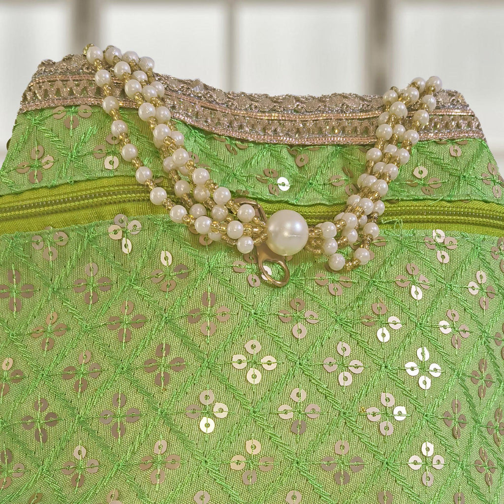 Embroidered Silk Potli Bag with Pearl Border and Drawstring Closure
