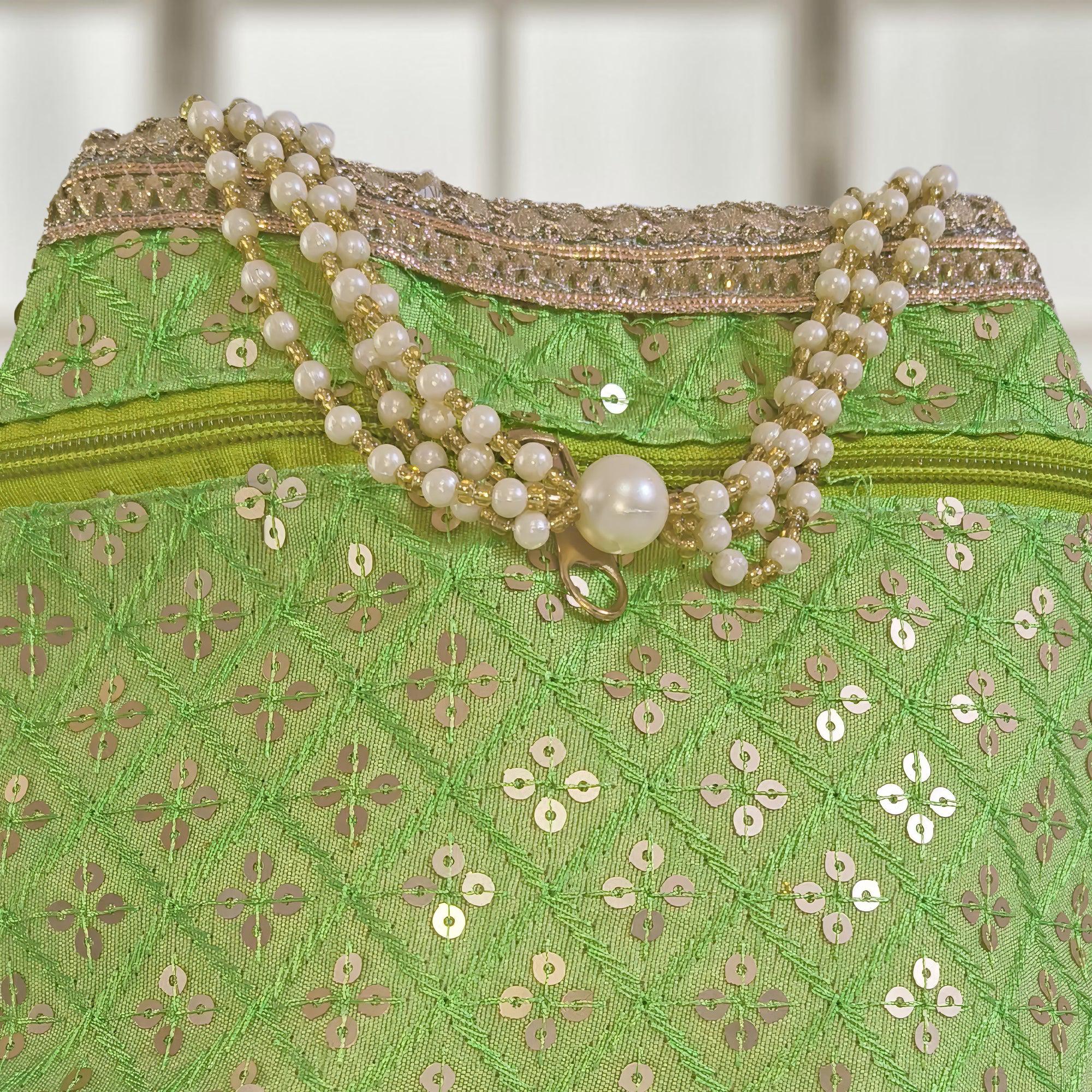 Embroidered Silk Potli Bag with Pearl Border and Drawstring Closure