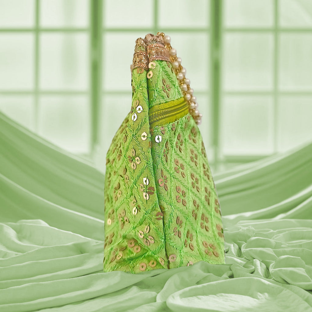 Embroidered Silk Potli Bag with Pearl Border and Drawstring Closure