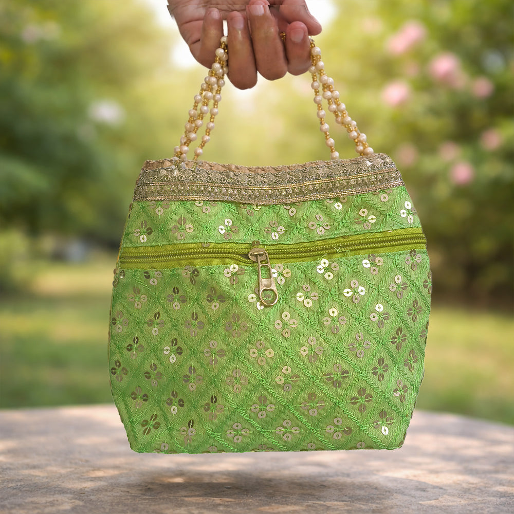 Embroidered Silk Potli Bag with Pearl Border and Drawstring Closure