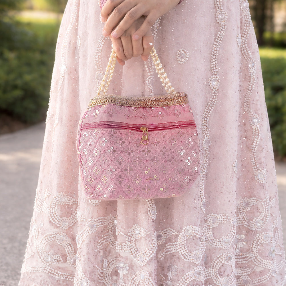 Silk Brocade Potli Bag with Pearl Border & Beaded Handles