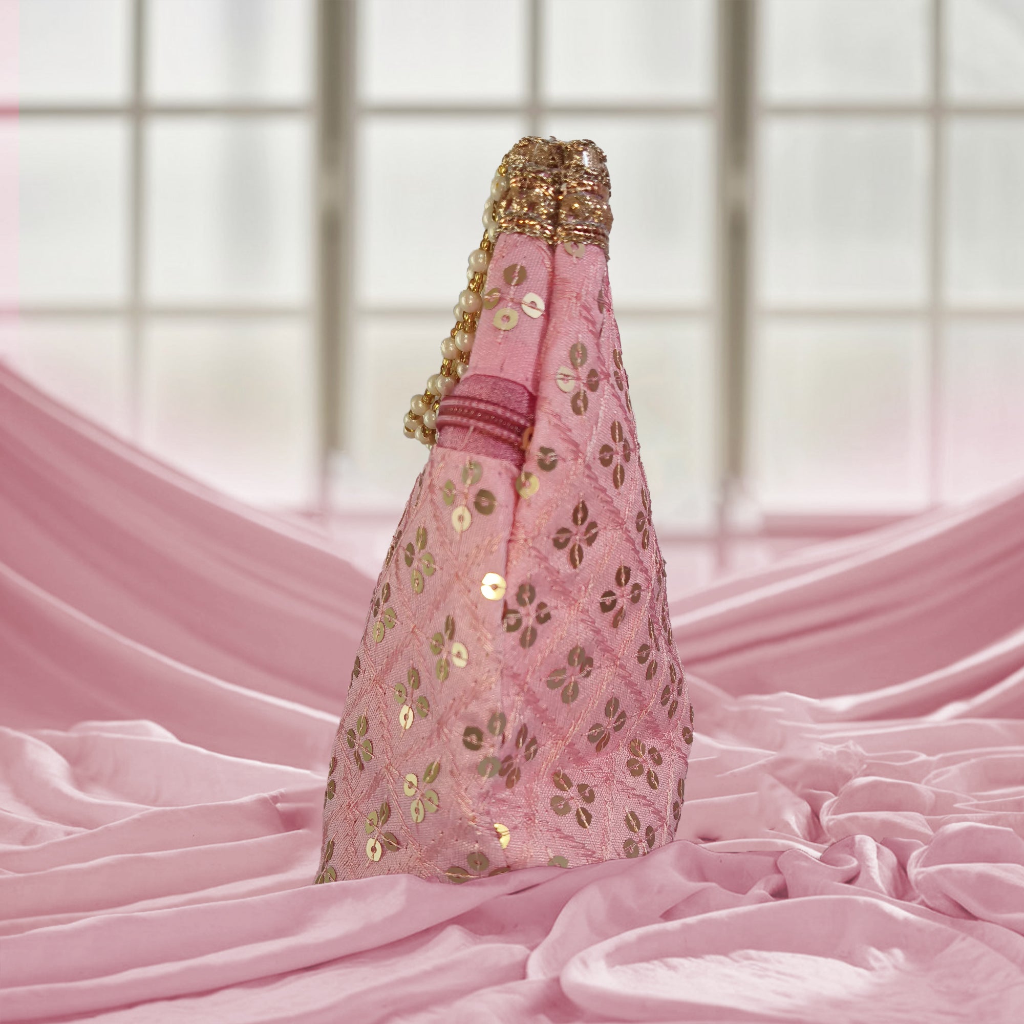 Silk Brocade Potli Bag with Pearl Border & Beaded Handles