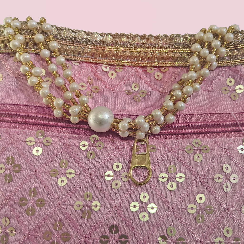 Silk Brocade Potli Bag with Pearl Border & Beaded Handles
